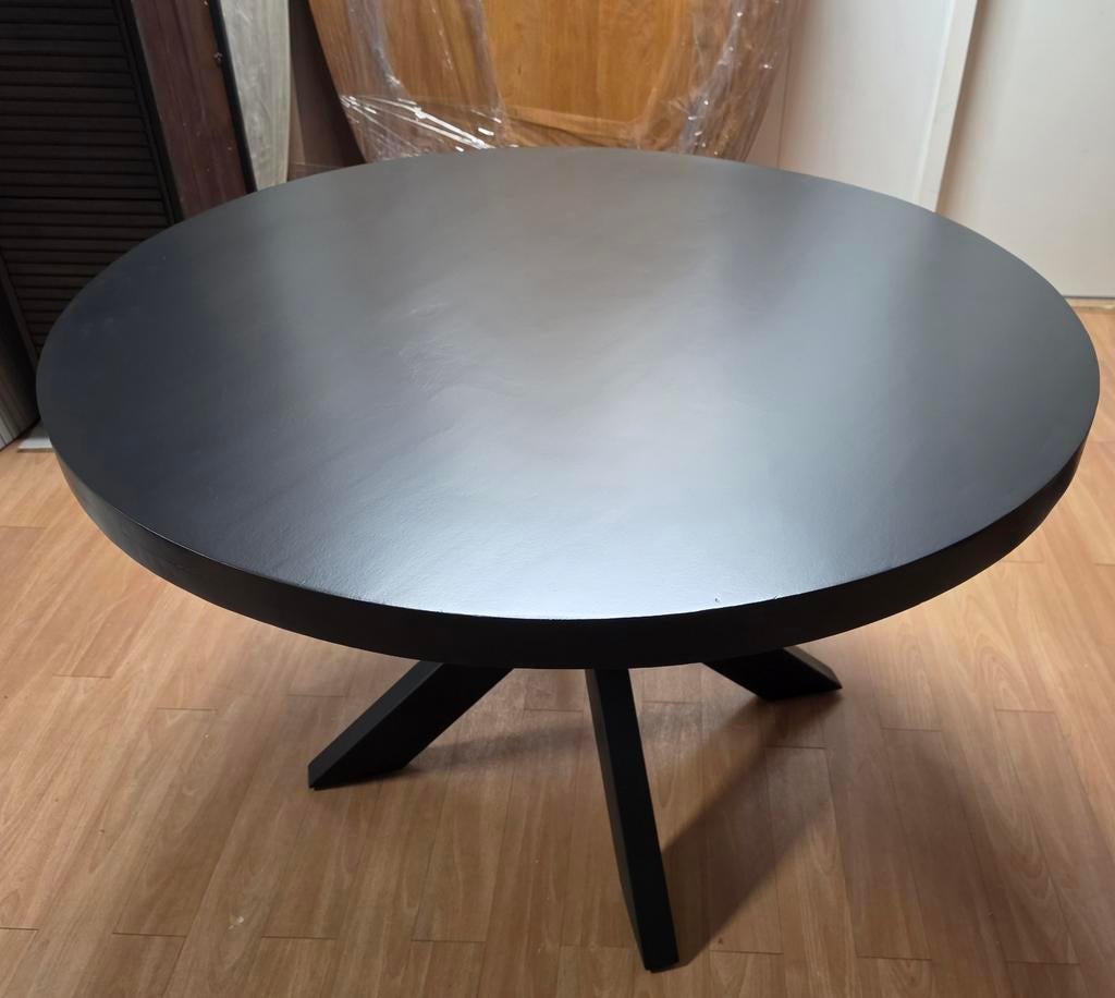 Eettafel Denver Black 120 cm - Mangohout met Zwart Staal, Info@meubeloutletmeppel.nl, Modern, Industrieel, Rond, Zo goed als nieuw