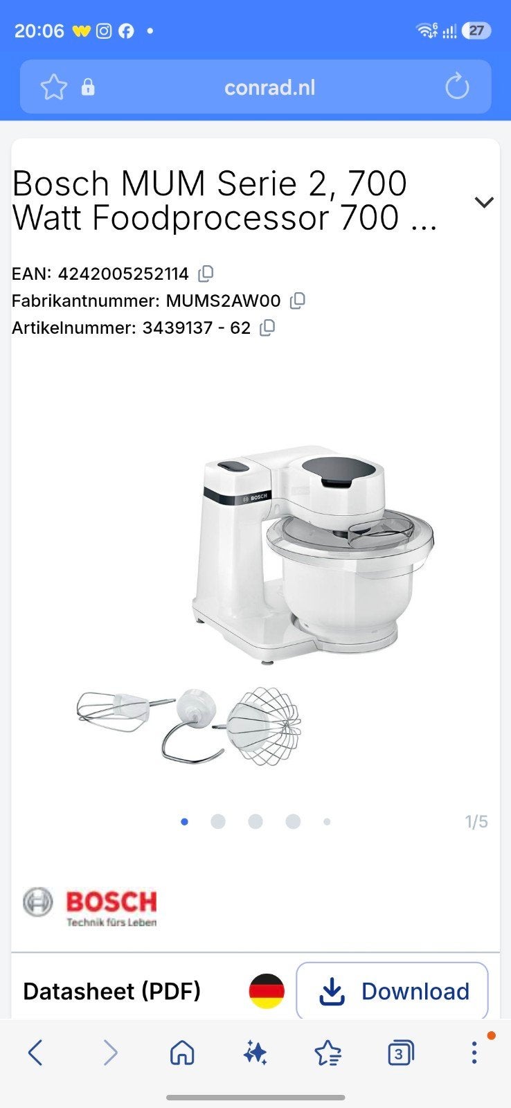 Bosch MUM Serie 2, 700 Watt Foodprocessor MUMS2AW00, 2 tot 3 liter, Ophalen of Verzenden, Nieuw, 3 snelheden of meer