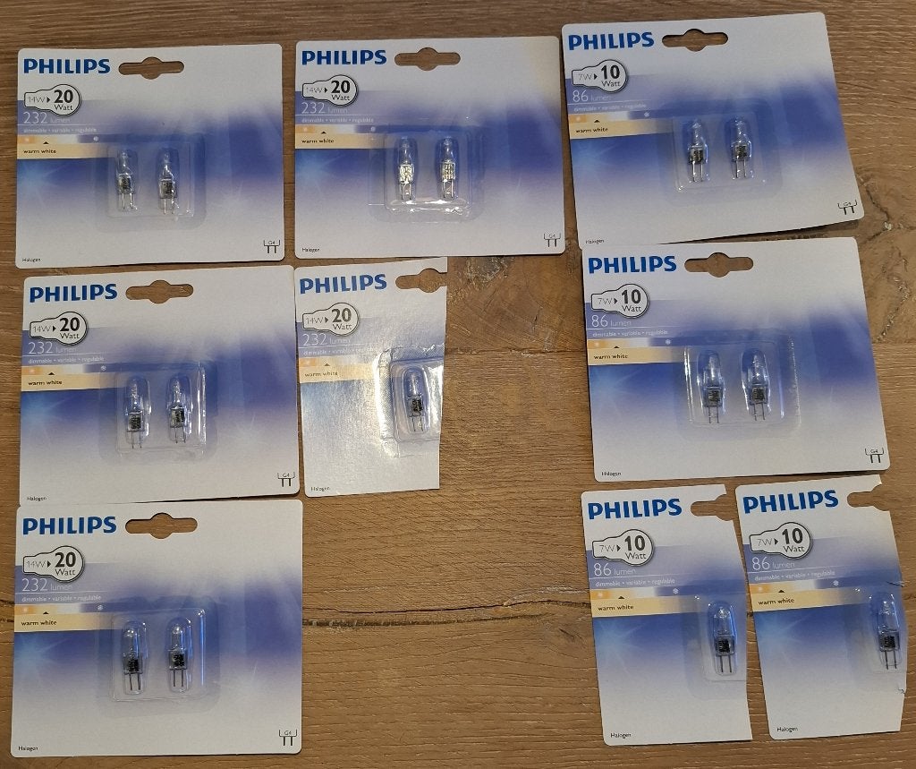 Philips Halogeen insteeklampjes, 15 stuks (9 x 20w, 6 x 10w), Philips, Dimbaar, Nieuw, Ophalen of Verzenden