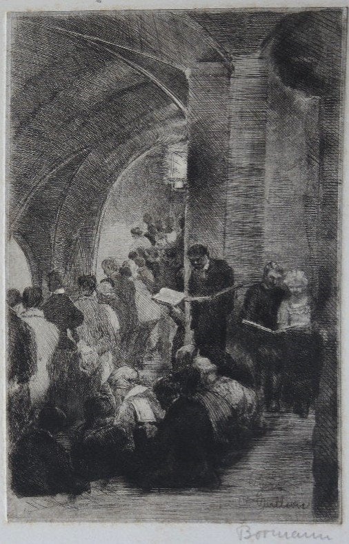 Emma Bormann ets "Schuilkerk", gesigneerd, Ophalen, Dagelijks leven, 1800 - 1899, Ets