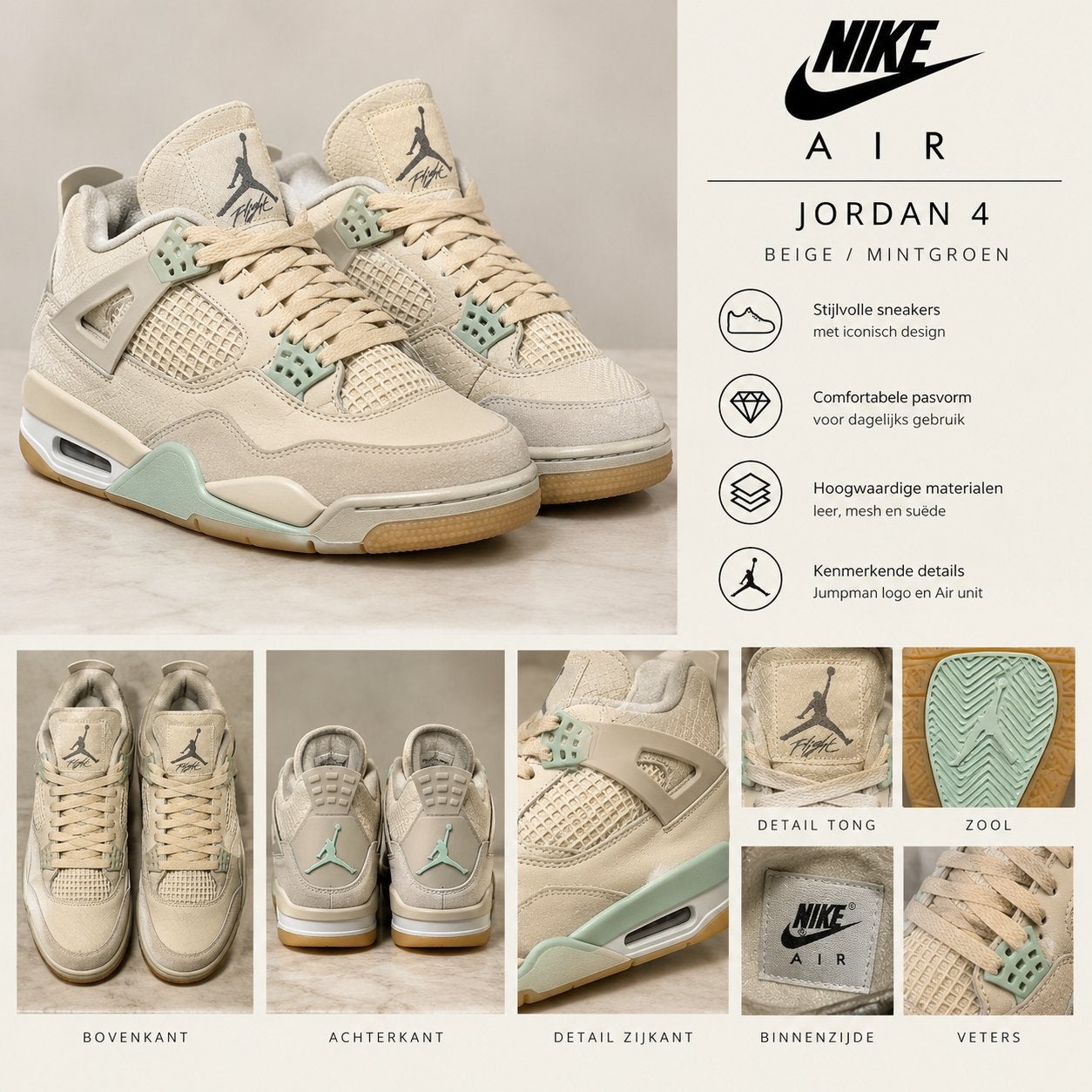 Nike Air Jordan 4 Beige/Mintgroen, Ophalen of Verzenden, Nieuw, Schoenen