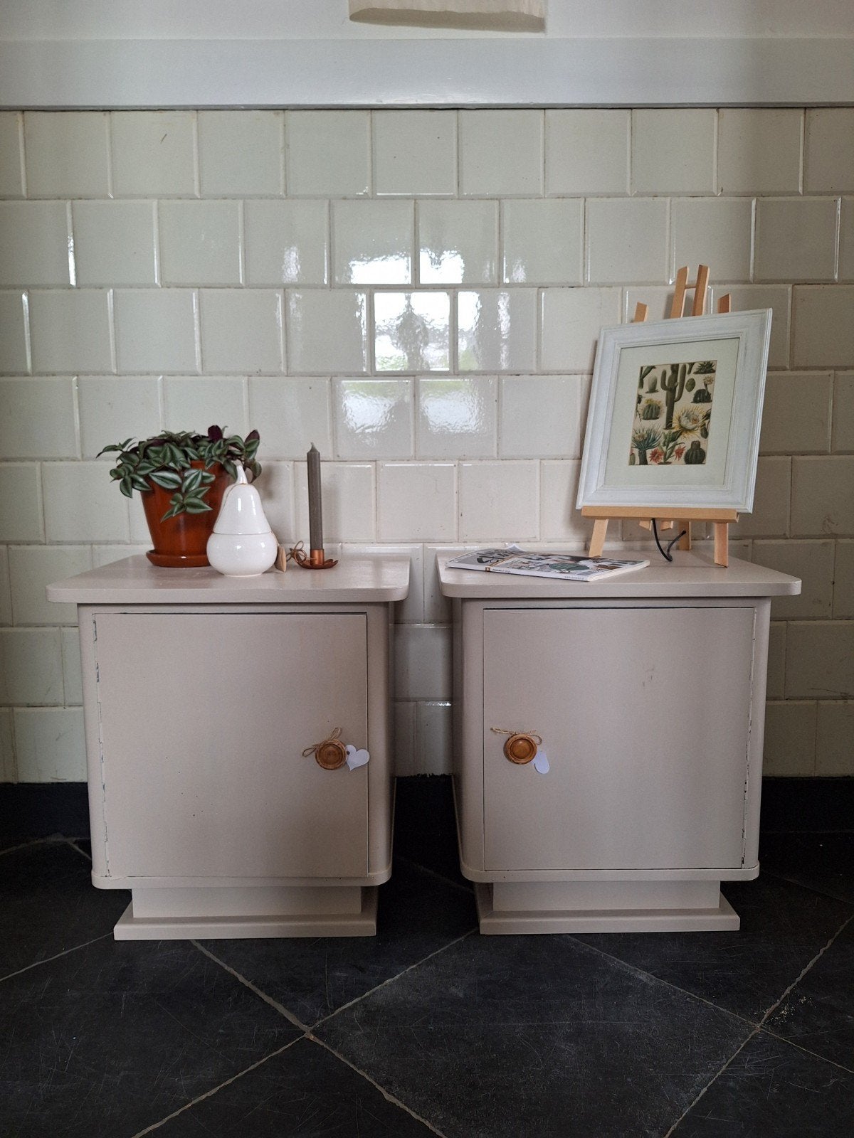 Set vintage nachtkastjes, houten slaapkamer kastjes, Ophalen, Gebruikt, Nvt, Nvt