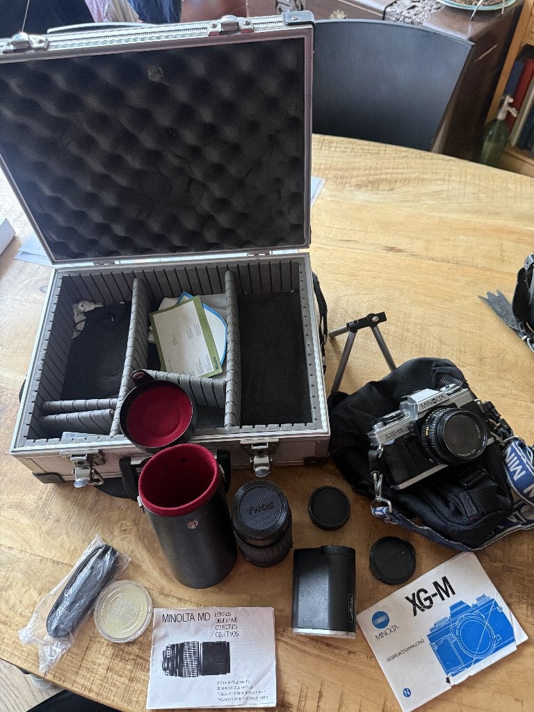 Minolta XG-M met telelens, flitser en koffer, Audio, Tv en Foto, Ophalen, Gebruikt, Spiegelreflex, Minolta