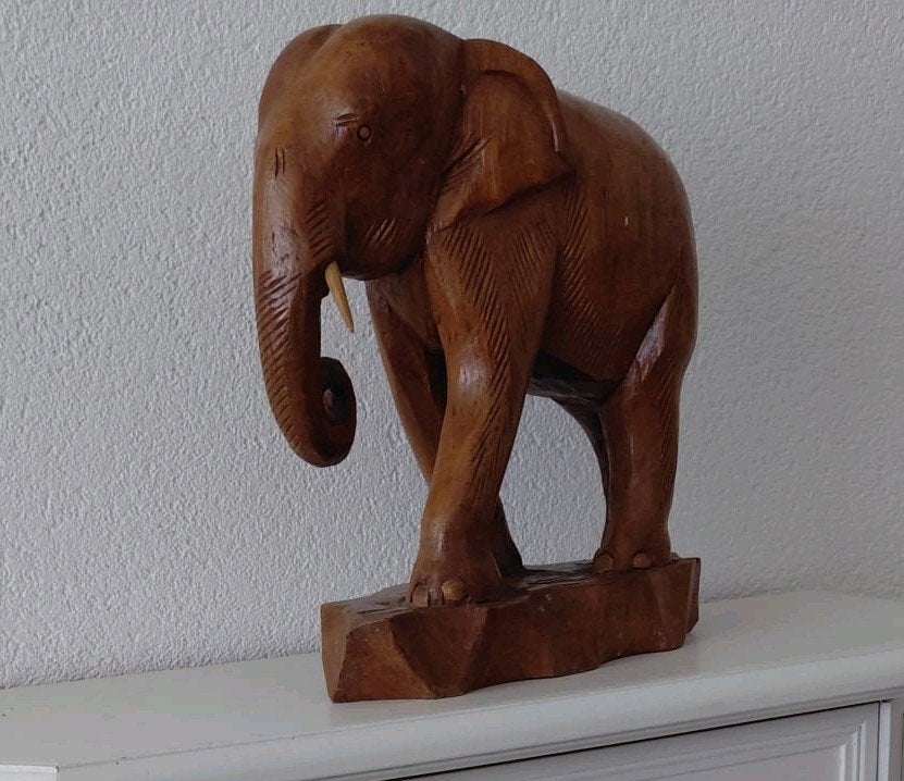 Houten olifant beeld - Handgesneden, Ophalen of Verzenden, 20 - 50 cm, Beeld, Hout