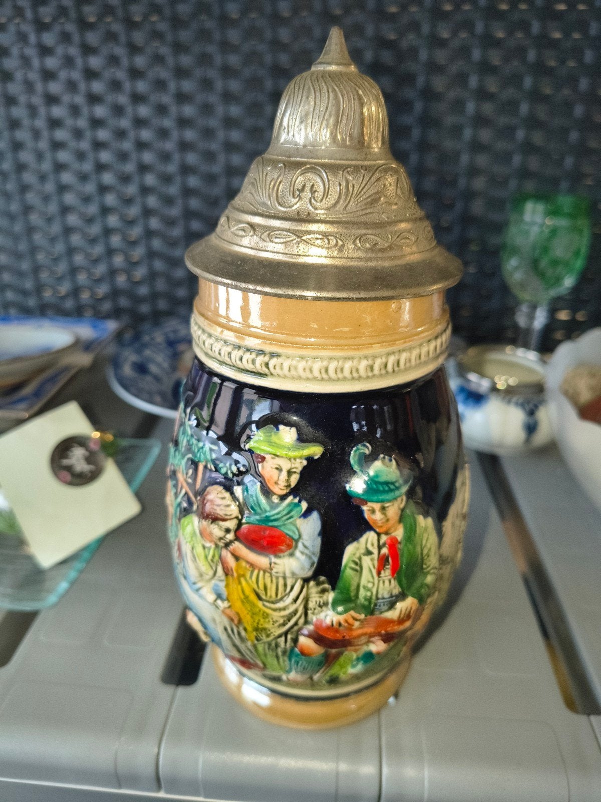 Prachtige vintage Duitse bierpul met tinnen deksel – "Liebe,, Antiek en Kunst, Ophalen of Verzenden