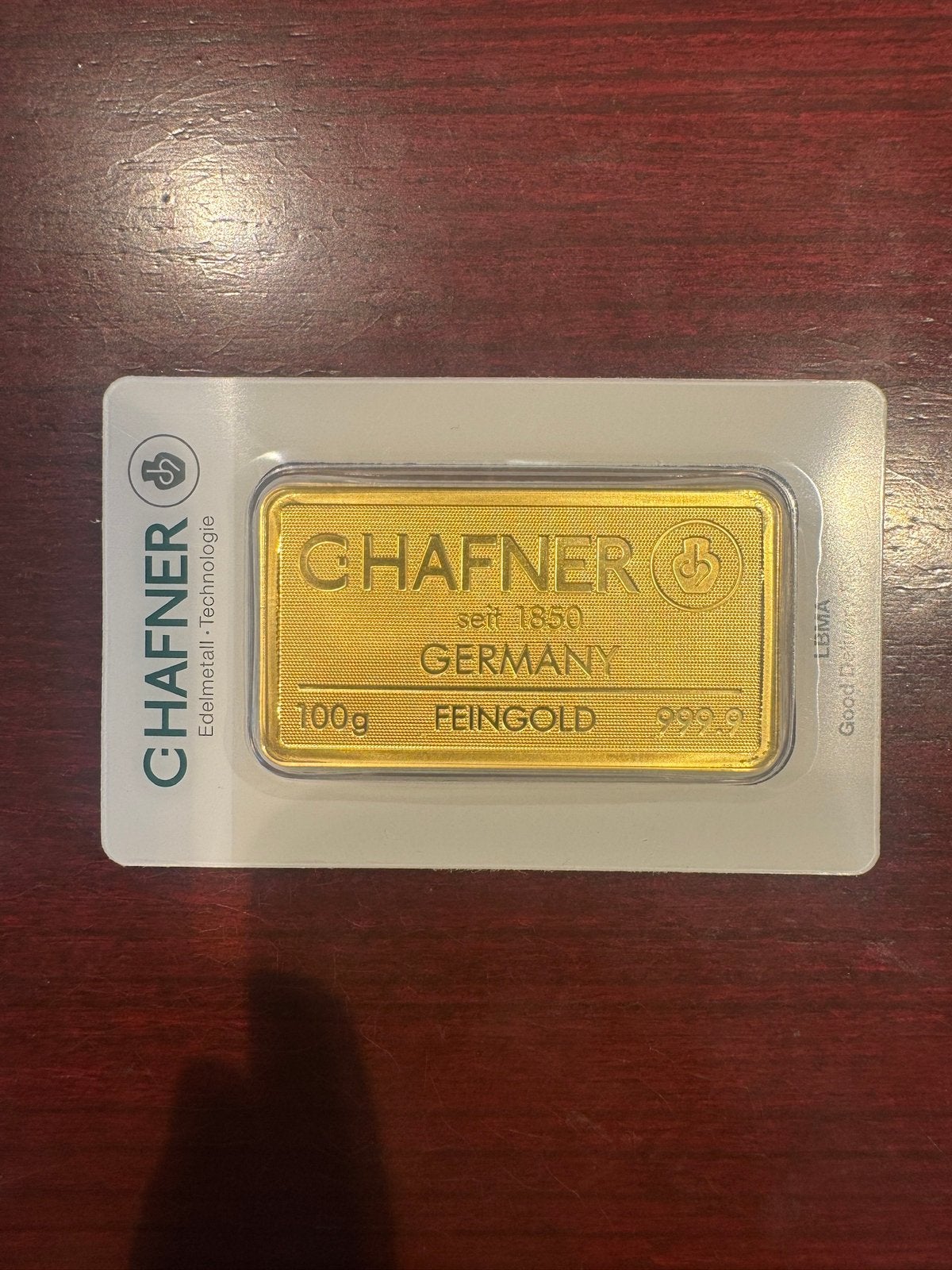 SPOT +1.5% 100 gram goudbaar C. Hafner met certificaat, Ophalen, Goud