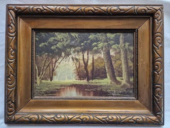 Olieverfschilderij: Boslandschap met water, Ophalen of Verzenden