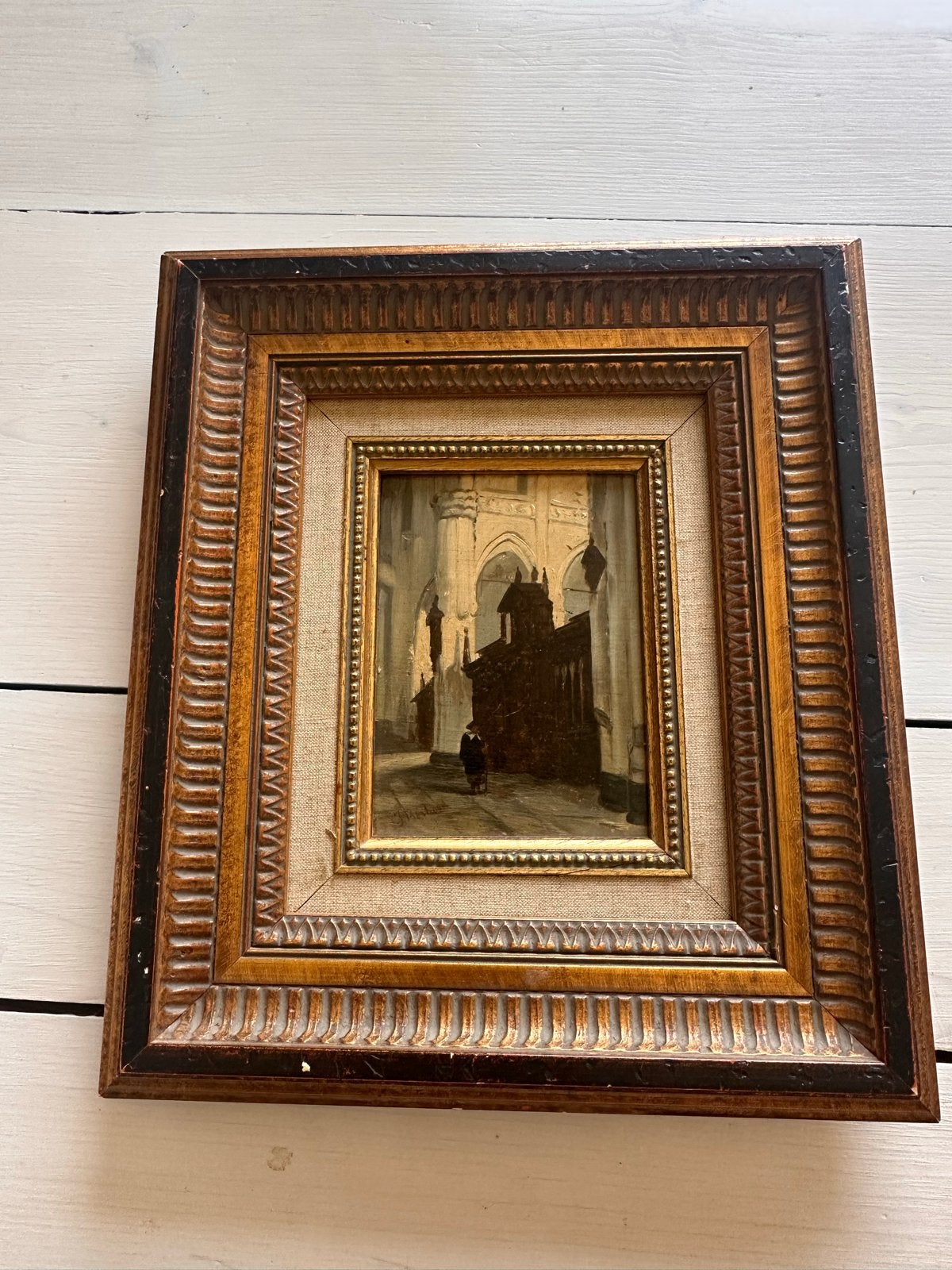 Olieverfschilderij: interieur van de kerk in Delft, Doek, Ophalen of Verzenden, Gesigneerd, Olieverf