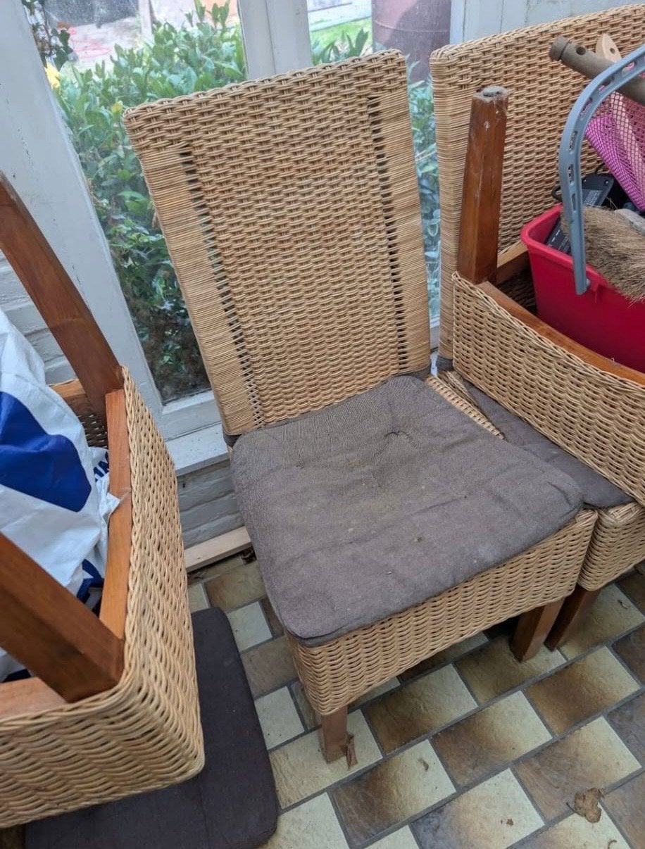 Set van 4 rotan stoelen met kussens, Gebruikt, Bruin, Riet of Rotan, Ophalen of Verzenden