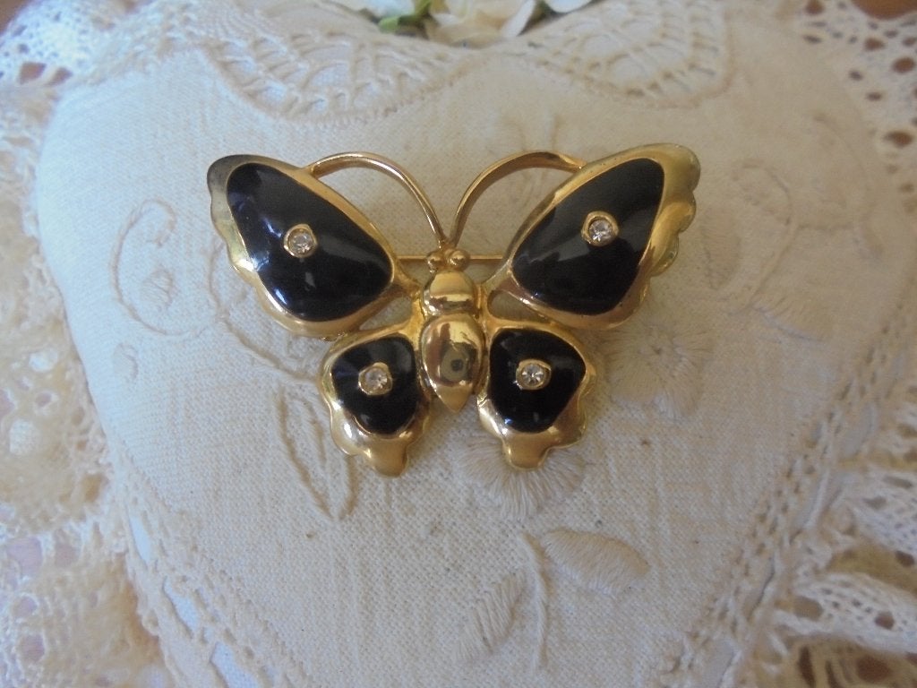 Mooie broche vlinder onyx en strass, Overige materialen, 4 tot 7 cm, Zwart, Ophalen of Verzenden