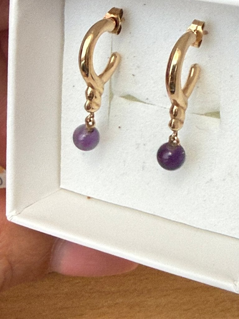 Gouden creolen oorbellen 14 kt met amethist, Sieraden, Tassen en Uiterlijk, Oorbellen, Ophalen of Verzenden, Zo goed als nieuw