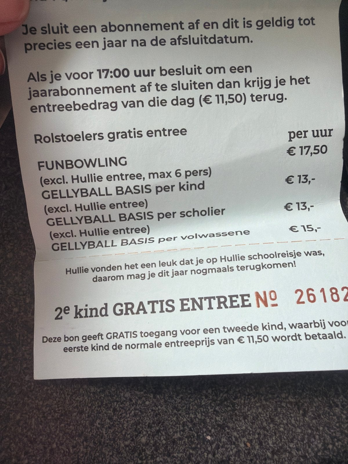 Hullie uden 2e entree kaart gratis, Tickets en Kaartjes, Eén persoon, Ticket of Toegangskaart