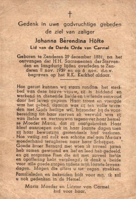 Höfte Johanna Berendina 1881-1959 Zenderen, Ophalen of Verzenden