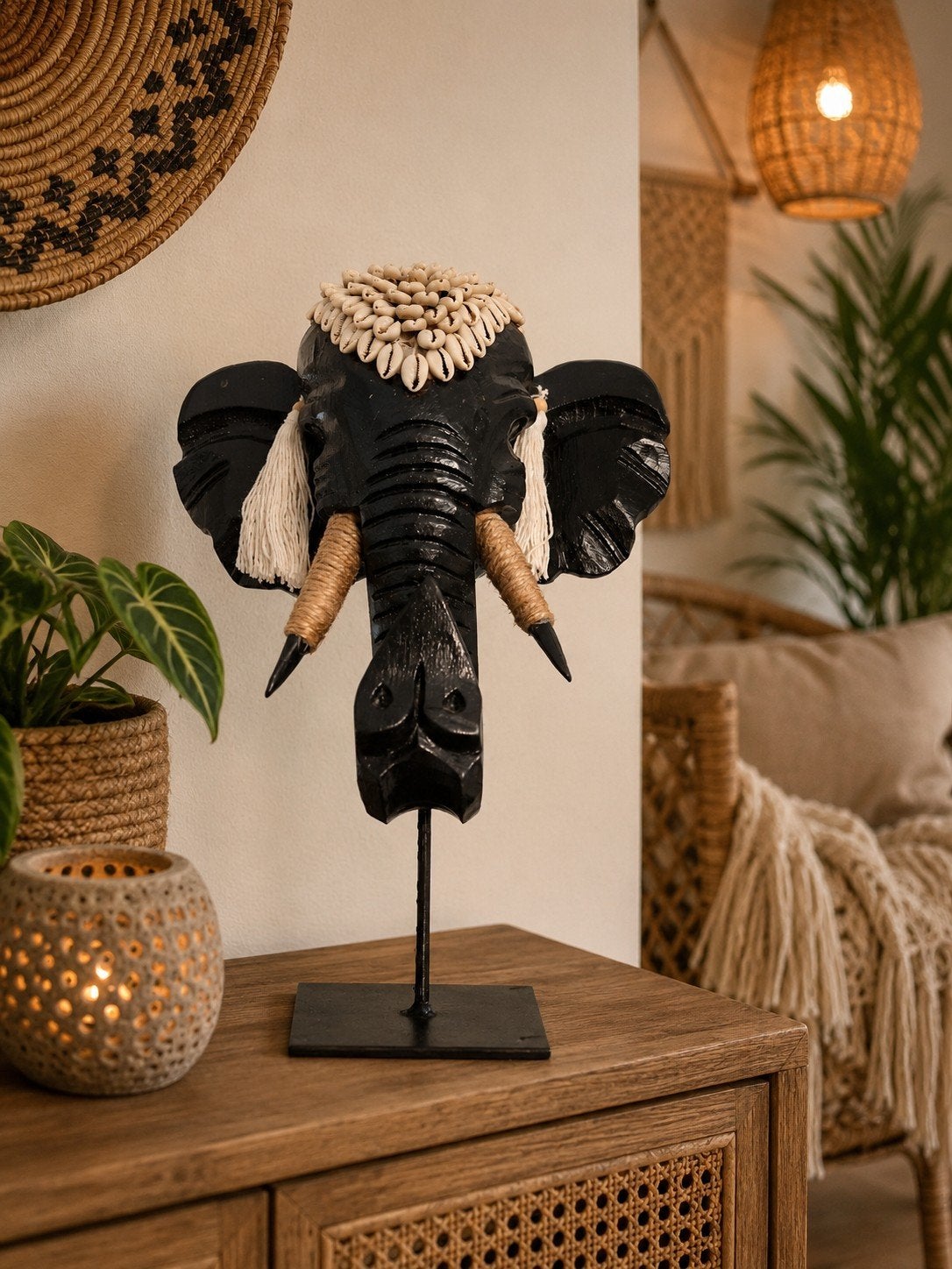 Handgemaakte Olifantenkop op Standaard - Etnische Decoratie, Hout, Zwart, Boho, Nieuw