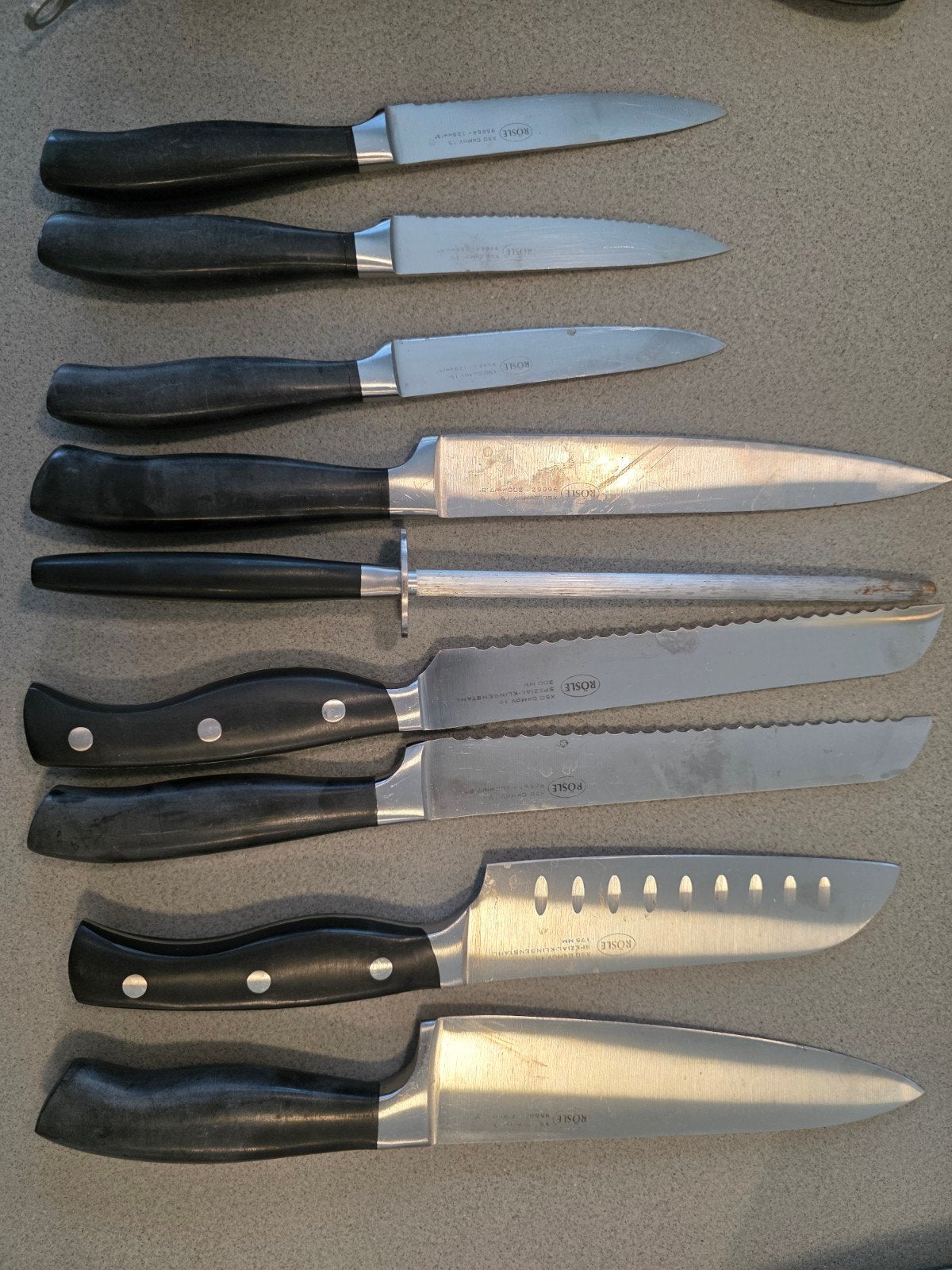 Rösle Messenset - Diverse Keukenmessen en Aanzetstaal, Huis en Inrichting, Gebruikt, Los bestek, Ophalen of Verzenden, Rvs of Chroom