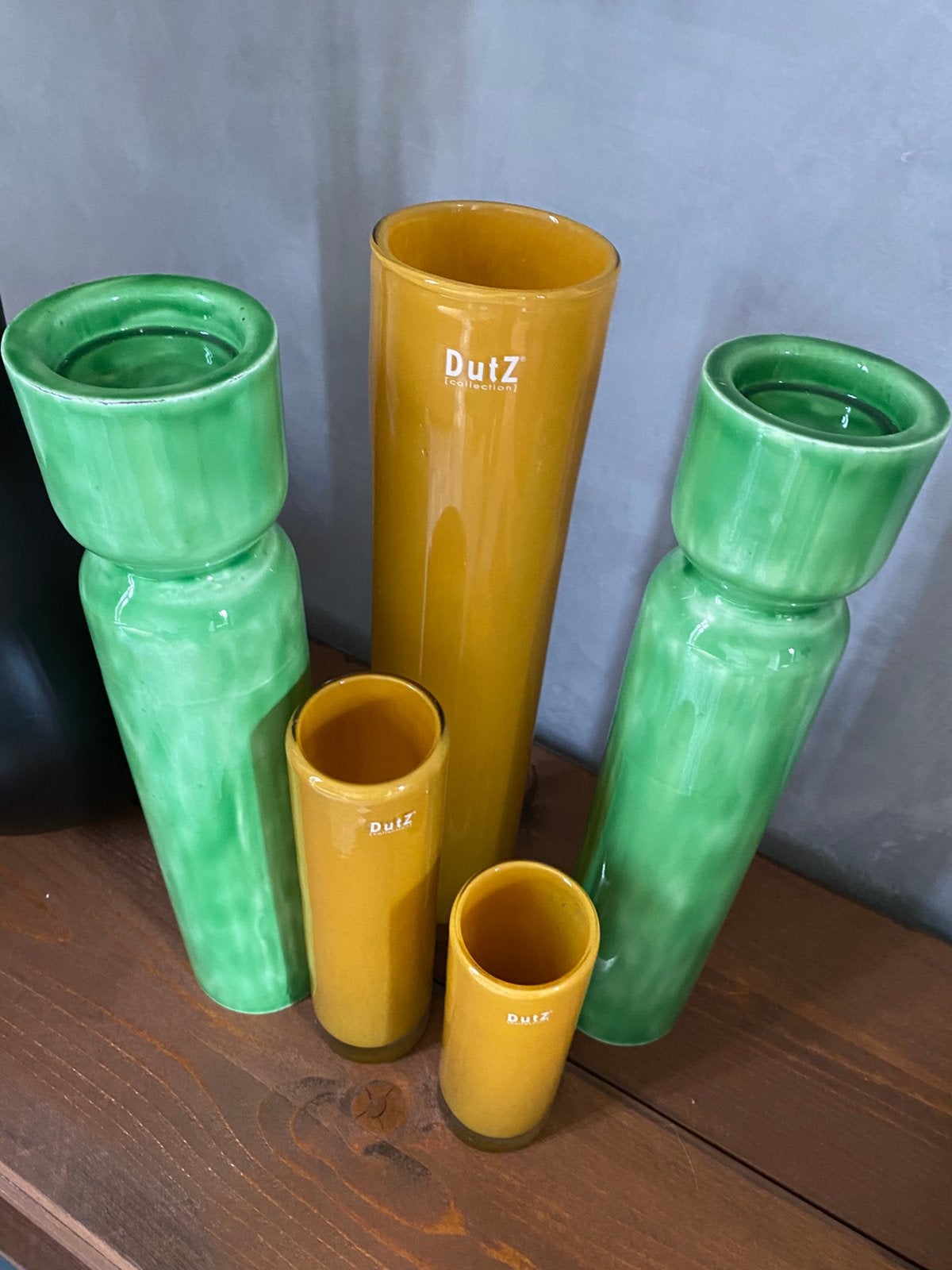 Mooie set Dutz vazen met kandelaars, Ophalen of Verzenden, Zo goed als nieuw, Geel, Glas