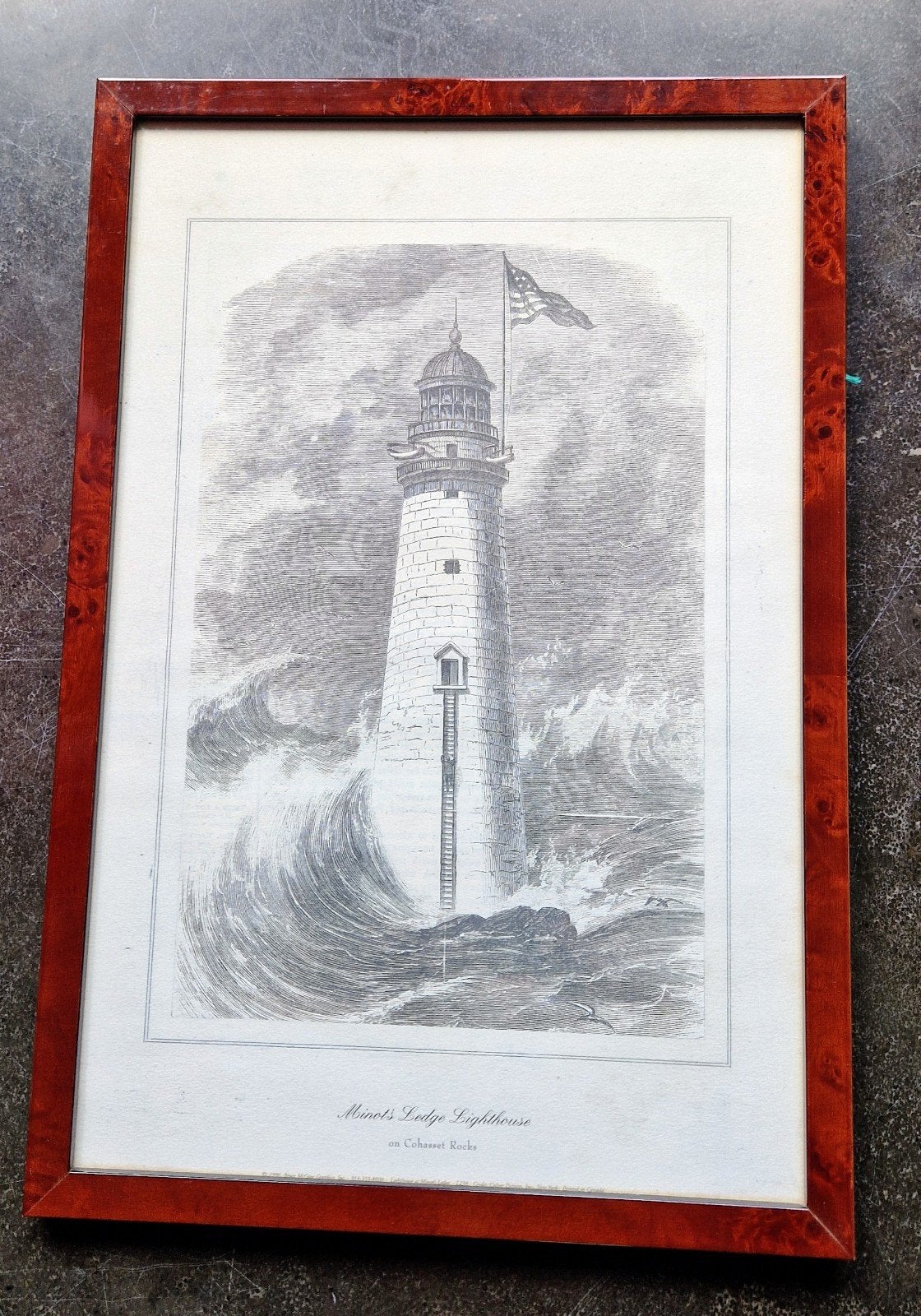 Gravure, Minot's Ledge Lighthouse, 40 cm, Architectuur, Ophalen of Verzenden, Gravure