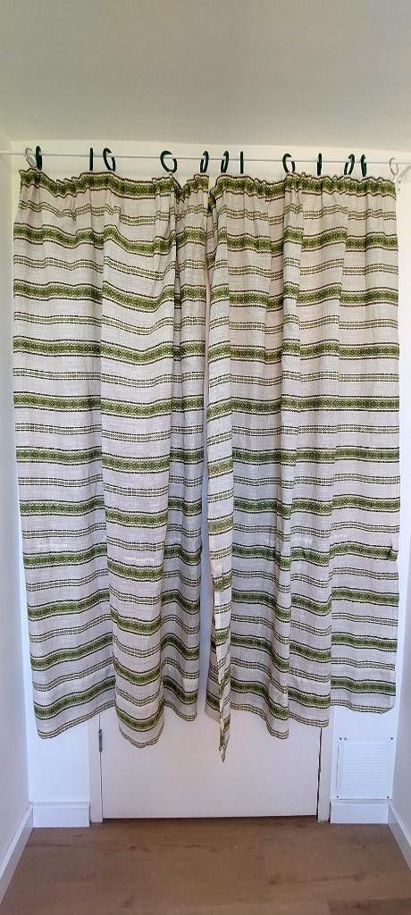 Vintage gordijnen set 2 lappen groen beige jaren 70, Eu, Gebruikt, 100 tot 150 cm, Groen