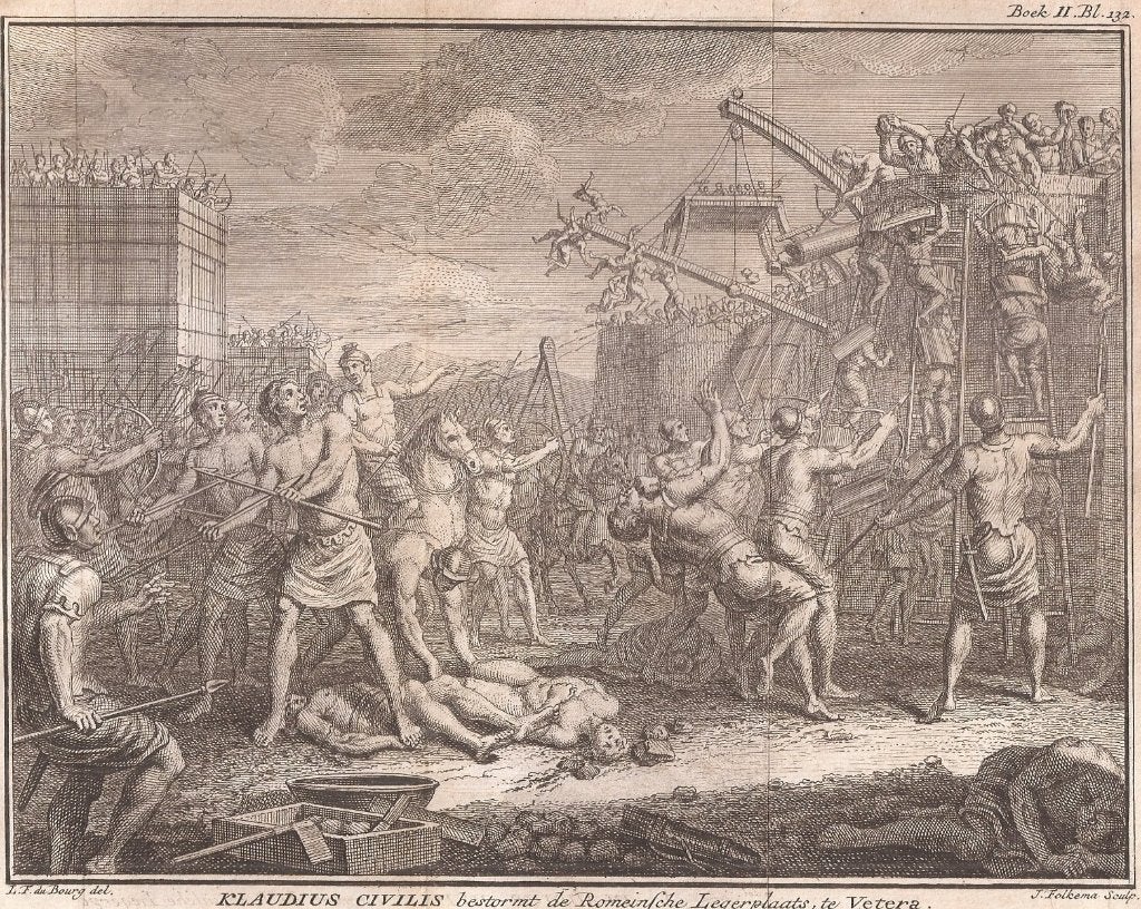 Klaudius Civilis bestormt de Romeinse legerplaats te Vetera, Met tekst, 19 cm, Ophalen of Verzenden, Gravure