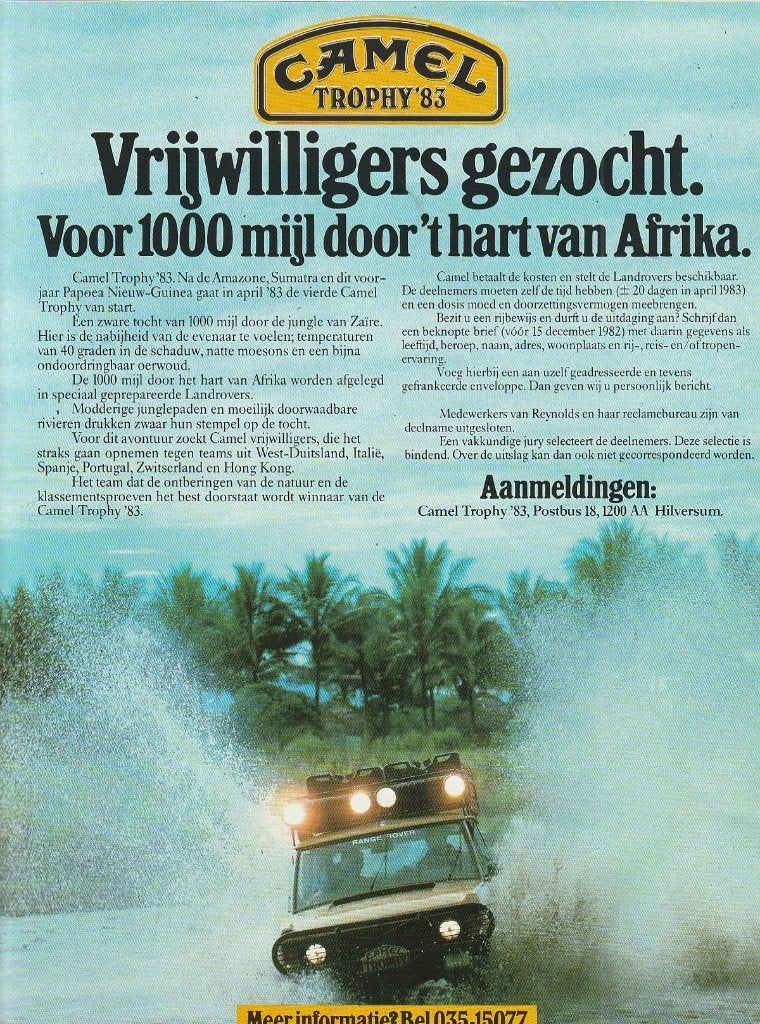 retro reclame 1982 Camel Trophy '83 auto vrijwilligers, Verzenden, Overige typen