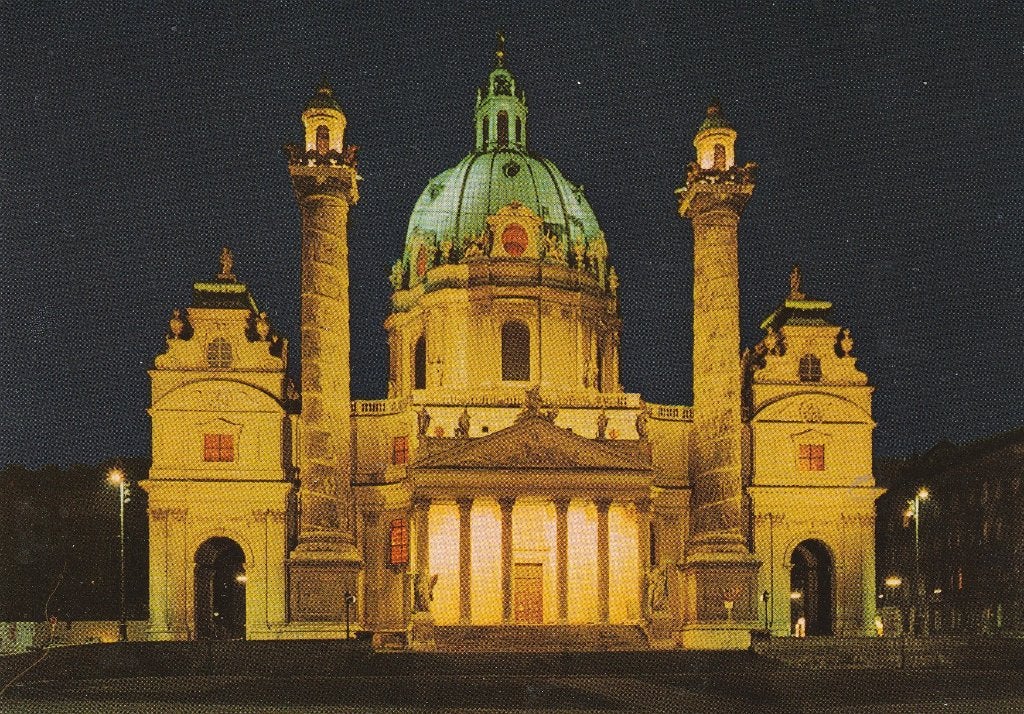 Oostenrijk, Wien Karlskirchebei nacht, Ophalen of Verzenden, 1960 tot 1980, Ongelopen, Oostenrijk