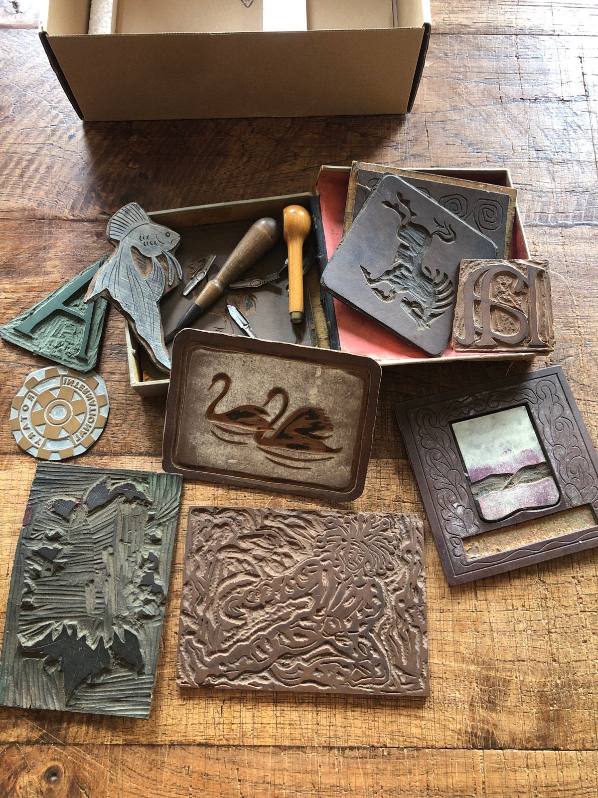 Vintage Houtsnede Blokken en Gereedschap Collectie, Ophalen of Verzenden, Flora en Fauna, 1900 - 1949, Houtsnede
