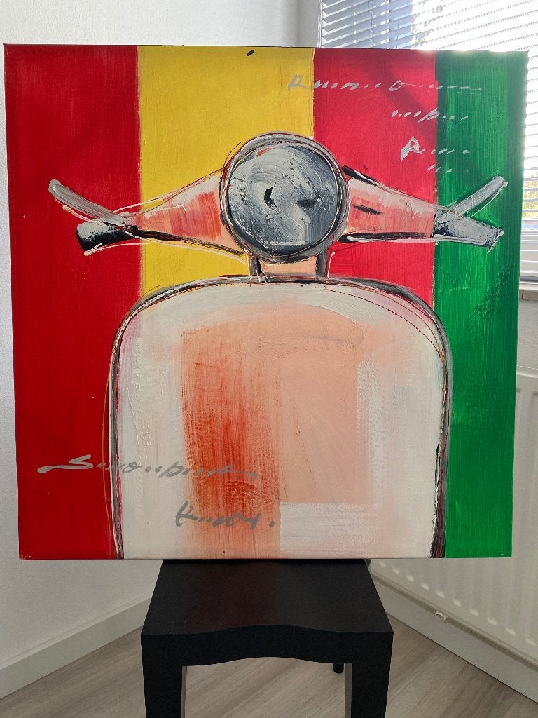 Vespa scooter schilderij 80x80 cm, Acrylverf, Op houten frame, Textiel, Ophalen