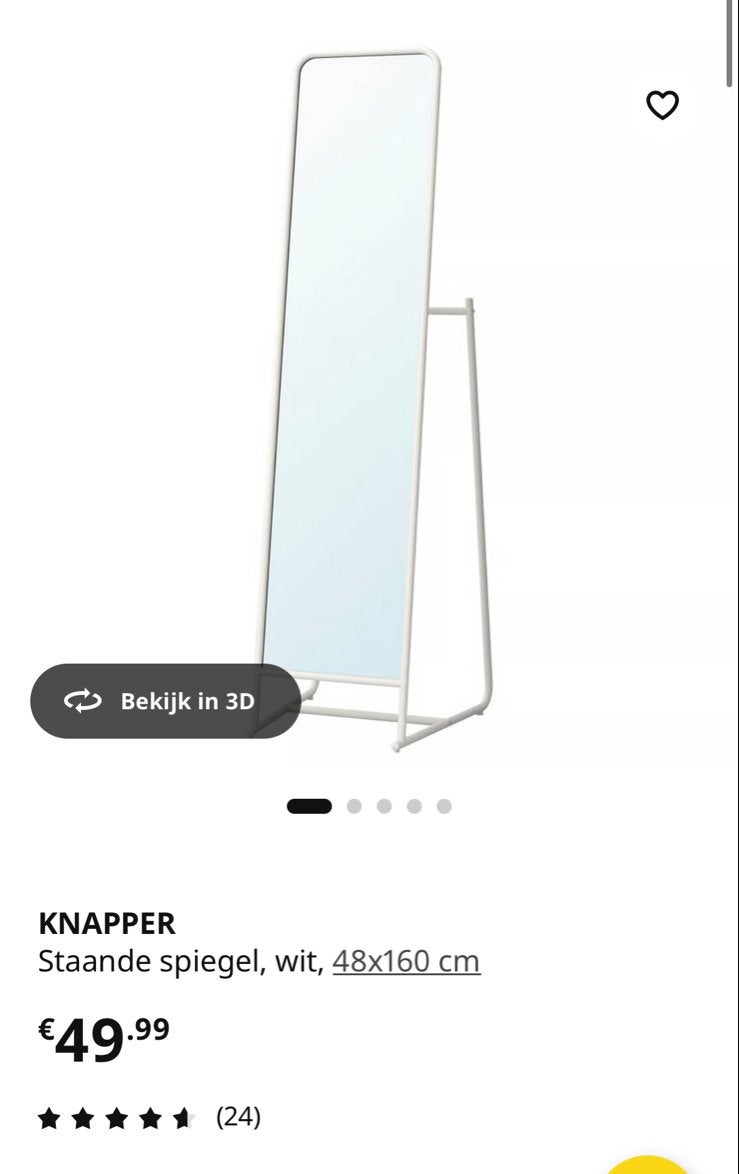 Knapper IKEA staande spiegel wit 48x160 cm, Huis en Inrichting, Woonaccessoires | Spiegels, Ophalen, Minder dan 50 cm, Gebruikt
