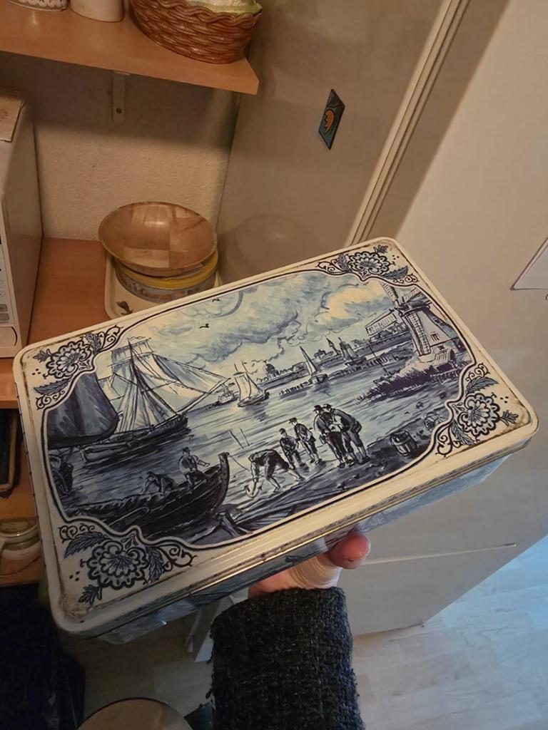 Vintage Delfts Blauw Blik - Hollands Landschap, Verzamelen, Blikken, Ophalen of Verzenden, Koek(jes), Overige merken