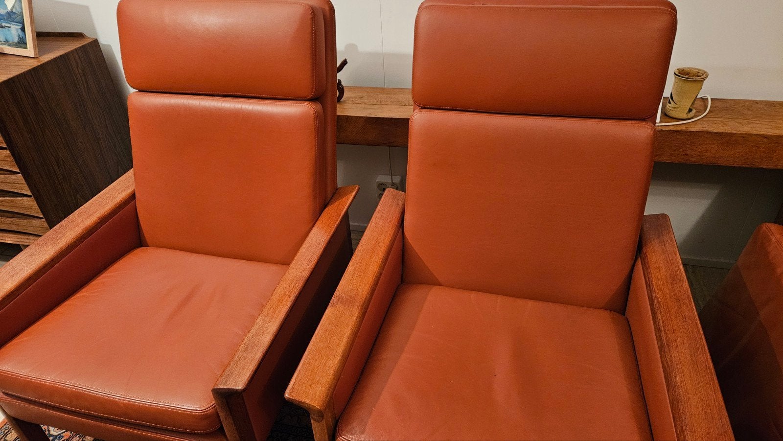 2 Vintage Hans Olsen CS500 Fauteuils - Oranje Leder, Ophalen, Gebruikt, Deens design mid-century, 75 tot 100 cm