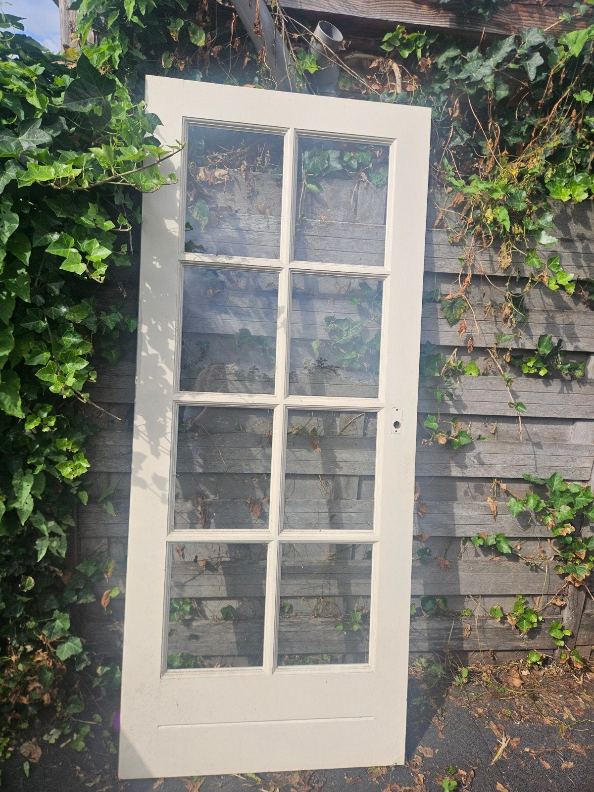 Maranti opdekdeur met glas - 202x83 cm, Gebruikt, 80 tot 100 cm, Binnendeur, Ophalen of Verzenden