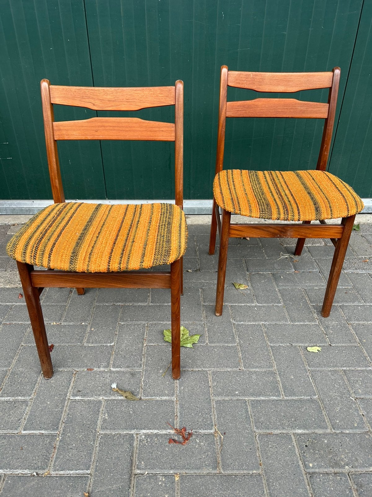 Vintage jaren 70 teak houten eetkamer stoelen, oranje, Ophalen, Hout, Twee, Bruin