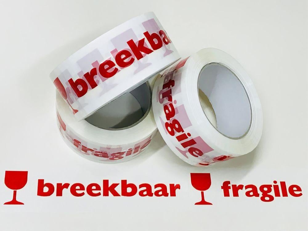 Tape rollen | Plakband met tekst “ BREEKBAAR – FRAGILE ”, Doe-het-zelf en Verbouw, Kratten en Dozen, Ophalen, 100 cm of meer, Opvouwbaar