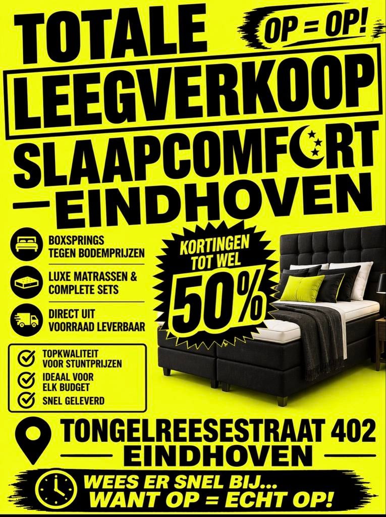 Boxsprings en matrassen - Totale leegverkoop Eindhoven, Ophalen of Verzenden, Nieuw