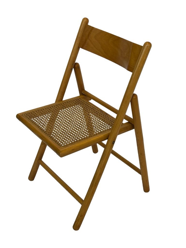 Vintage houten klapstoel met rotan zitting design jaren 70