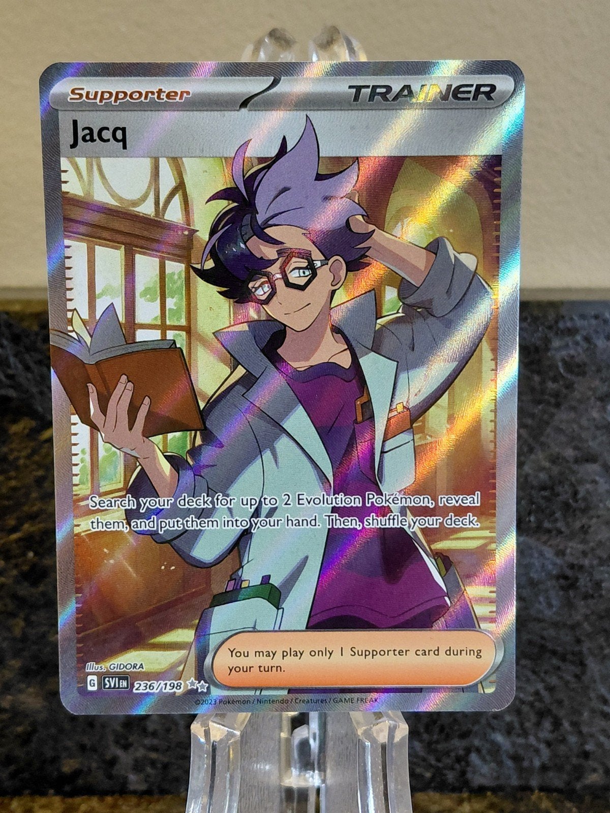 Jacq Full Art Trainer Kaart Pokémon Scarlet & Violet, Ophalen of Verzenden, Zo goed als nieuw, Losse kaart, Foil