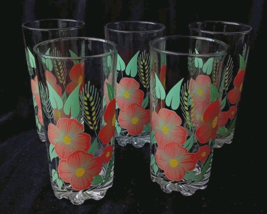 Vintage glazen met klaproos- en tarwemotief, Ophalen of Verzenden, Zo goed als nieuw, Overige typen