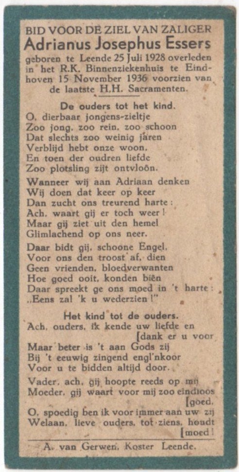 Adrianus Josephus Essers 1928 Leende + 1936 Eindhoven, 8 jr, Verzenden