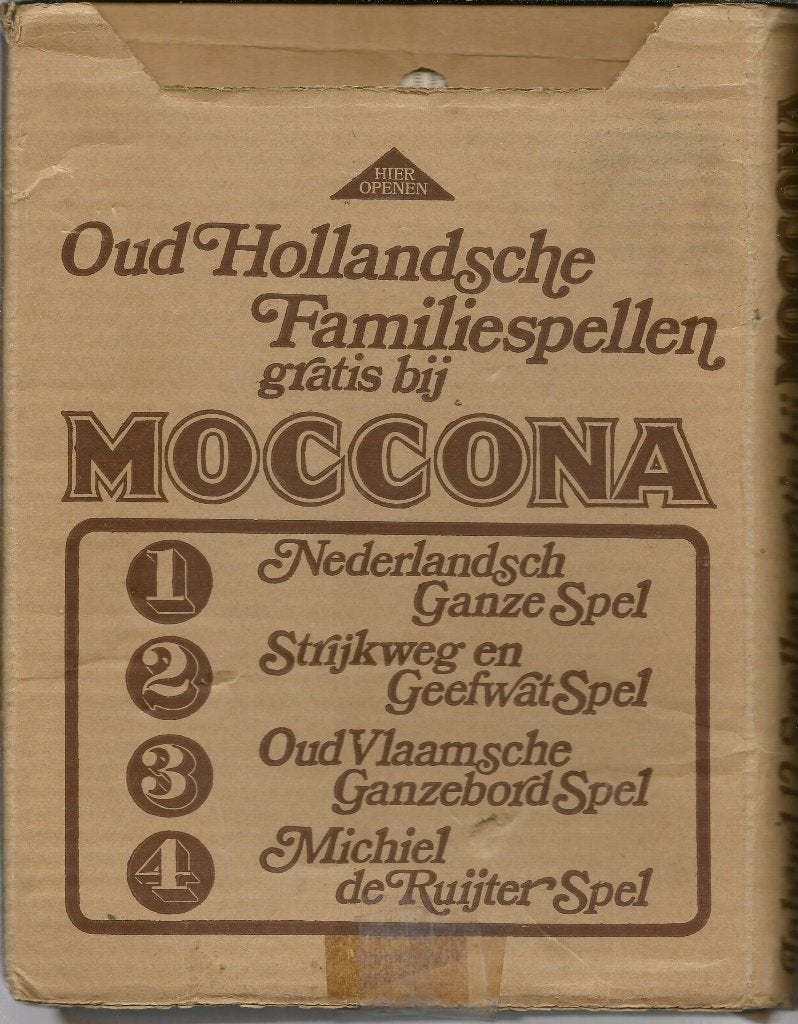 oude Reclame van Moccona(DE) oudHollandsche Familiespellen, Verzamelen, Ophalen of Verzenden, Gebruikt, Overige typen