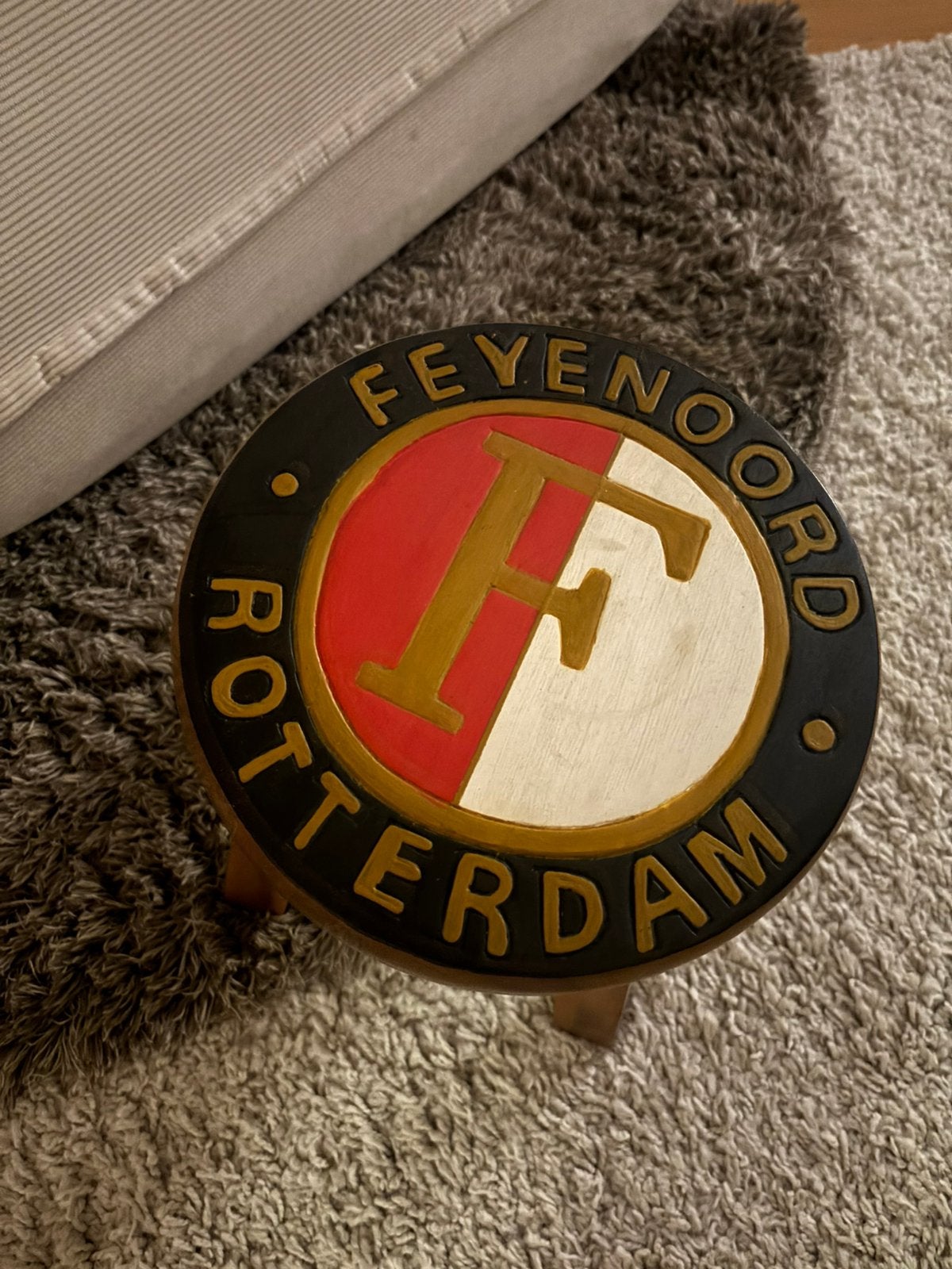 Houten handgemaakt Feyenoord krukje, Ophalen, Zo goed als nieuw, Hout