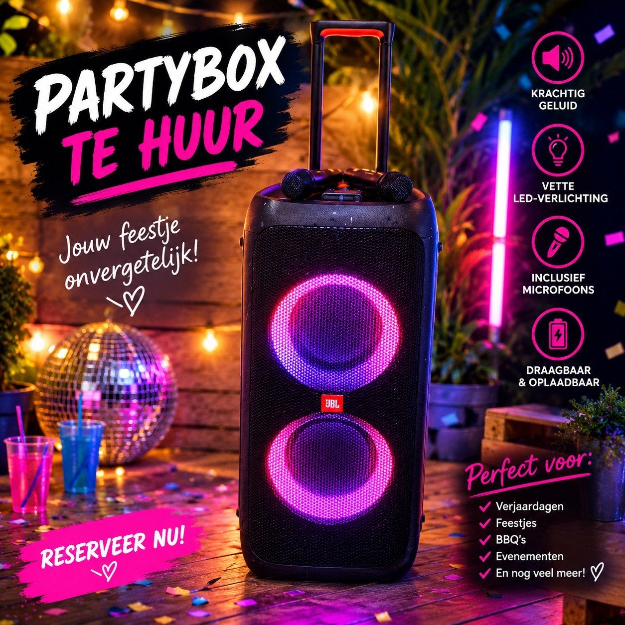 TE HUUR JBL Partybox (met orginele draadloze microfoons), Ophalen, Zo goed als nieuw, Luidspreker(s)