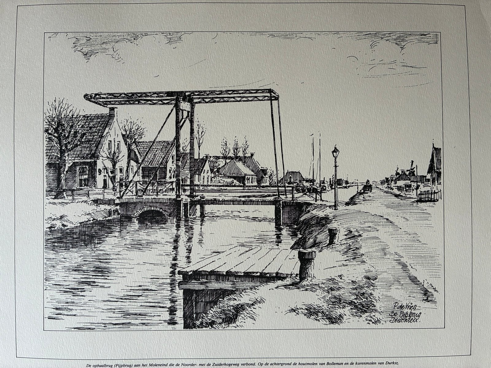 Piet de Vries - Grafiek Piipkebrêge Drachten, 1950 - 1999, Ophalen of Verzenden, Gesigneerd, Overige technieken