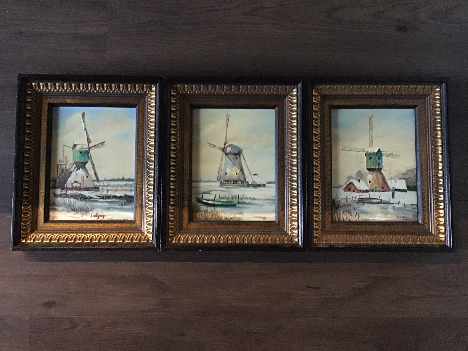 3 Verschillende molens in houten lijstjes  28x23 cm, Antiek en Kunst, Kunst | Schilderijen | Klassiek, Ophalen of Verzenden