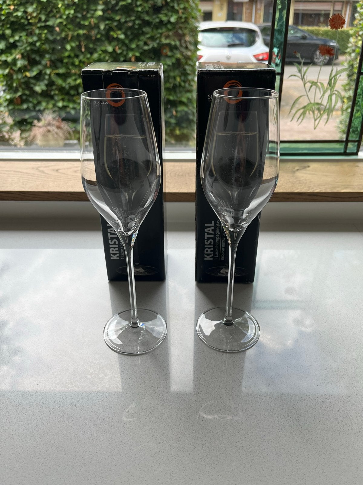 2x Stölzle Kristal champagneglazen - in originele verpakking, Ophalen of Verzenden, Zo goed als nieuw, Overige stijlen, Overige materialen
