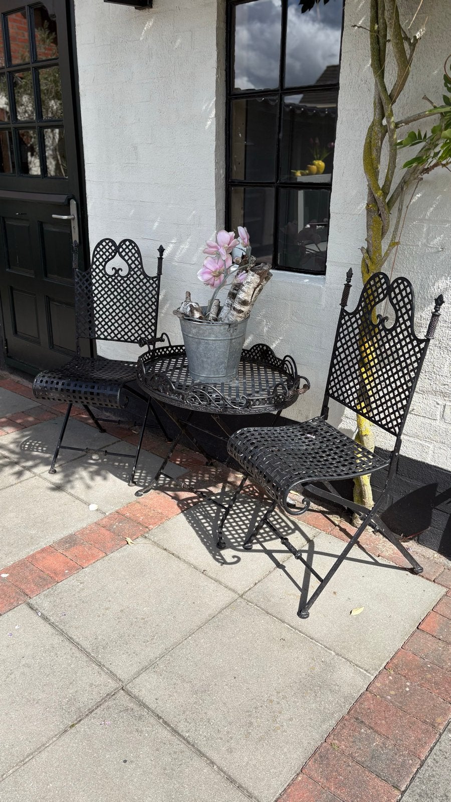 Zwart metalen bistro set - 2 stoelen en tafel, Overige materialen, Gebruikt, Stoel, Tuinset