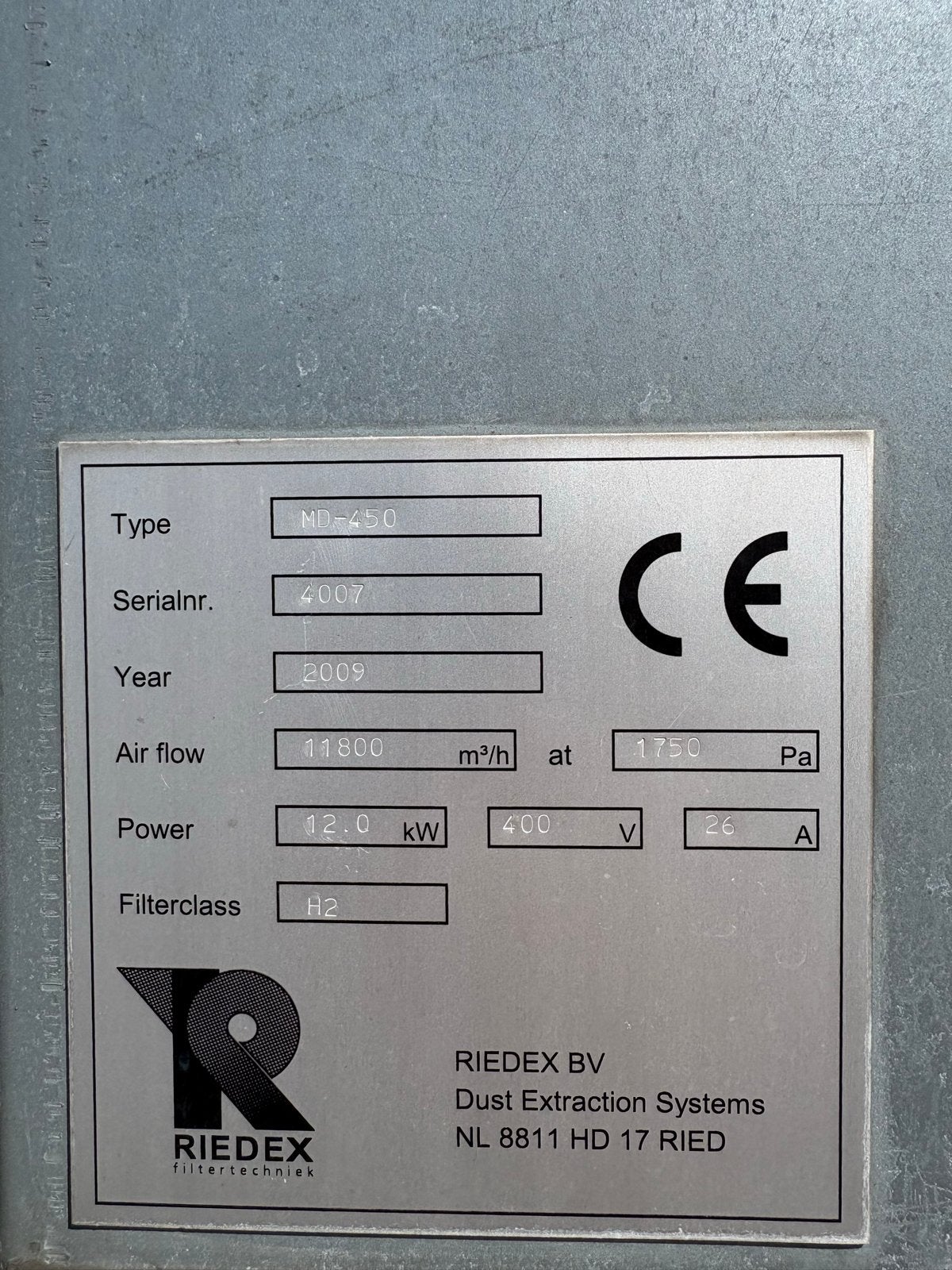 Riedex MD-450 Stofafzuiging - 11800 m³/u, 12 kW, Ophalen