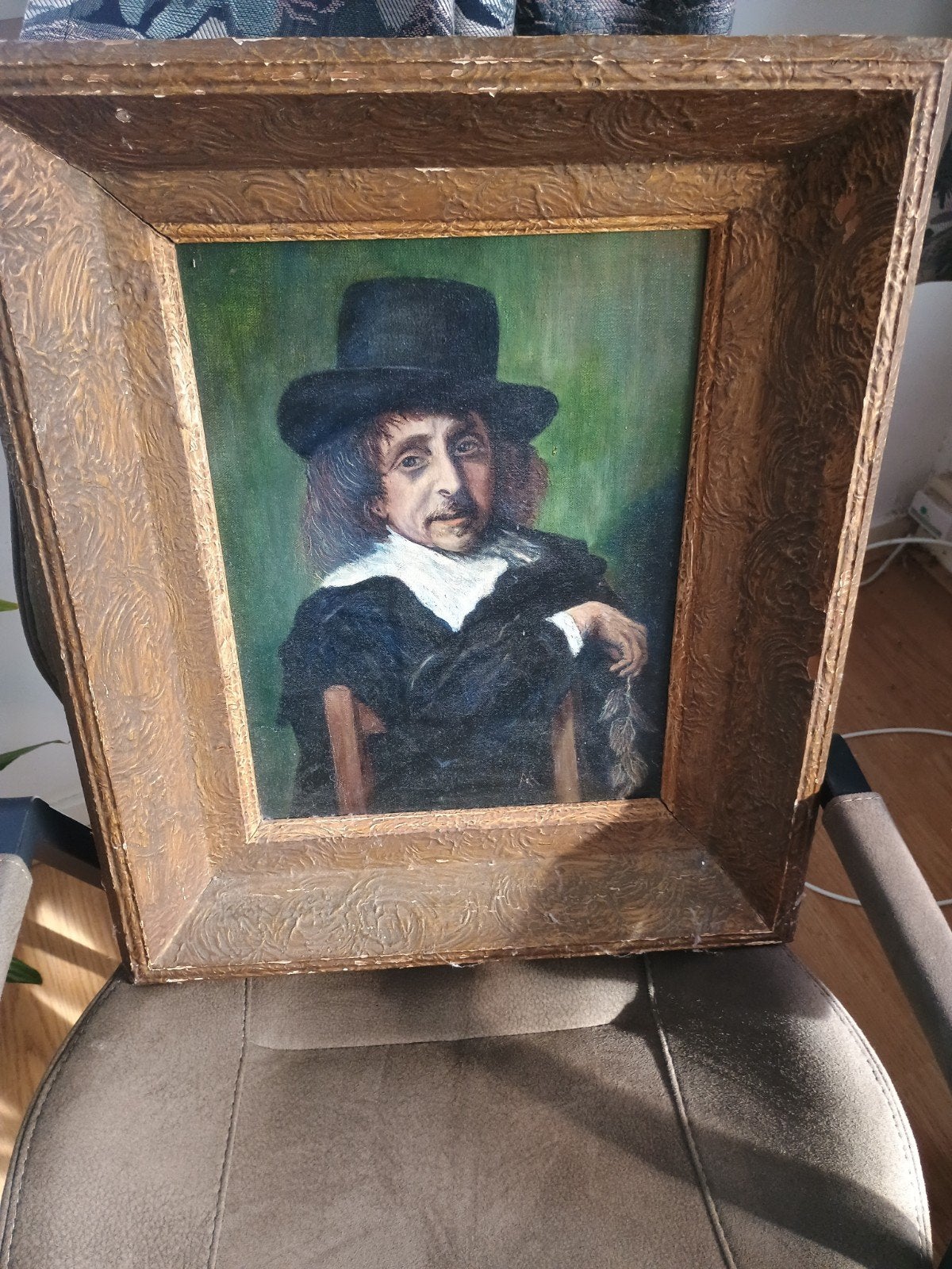 Oud portret van een man met hoed, olieverf op doek, Ophalen of Verzenden