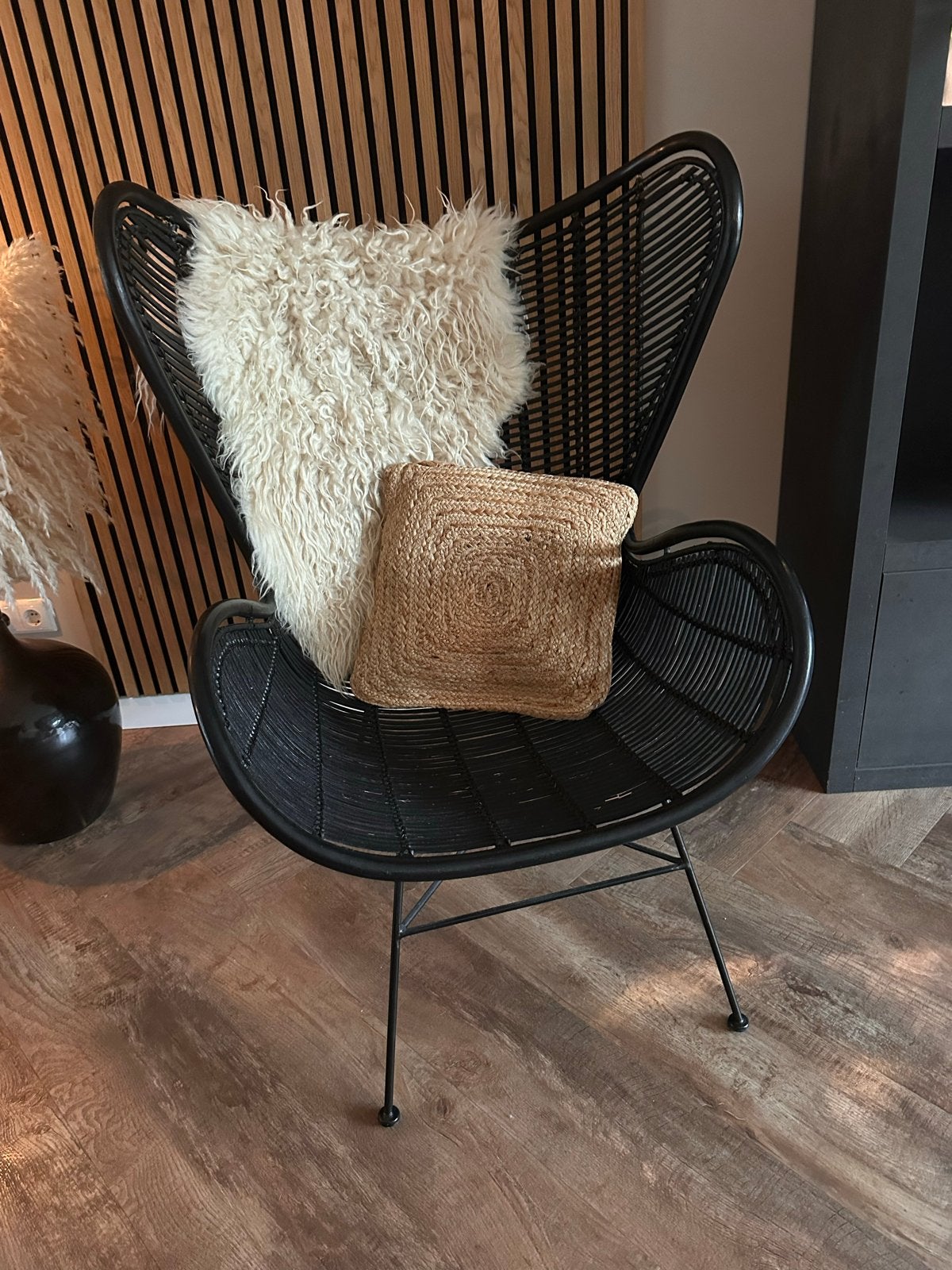 HK Living Egg Chair - Zwart Rotan Design Stoel, Ophalen, Zo goed als nieuw, Riet of Rotan, 75 tot 100 cm