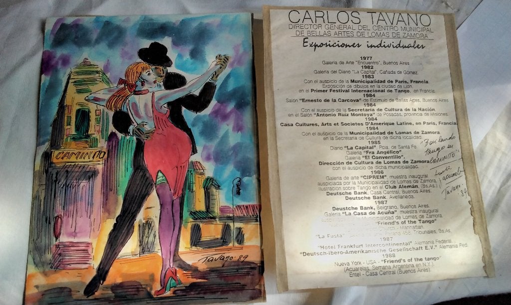 Origineel aquarel Argentijns Carlos Tavano Bailando Tango, Antiek en Kunst, Ophalen of Verzenden