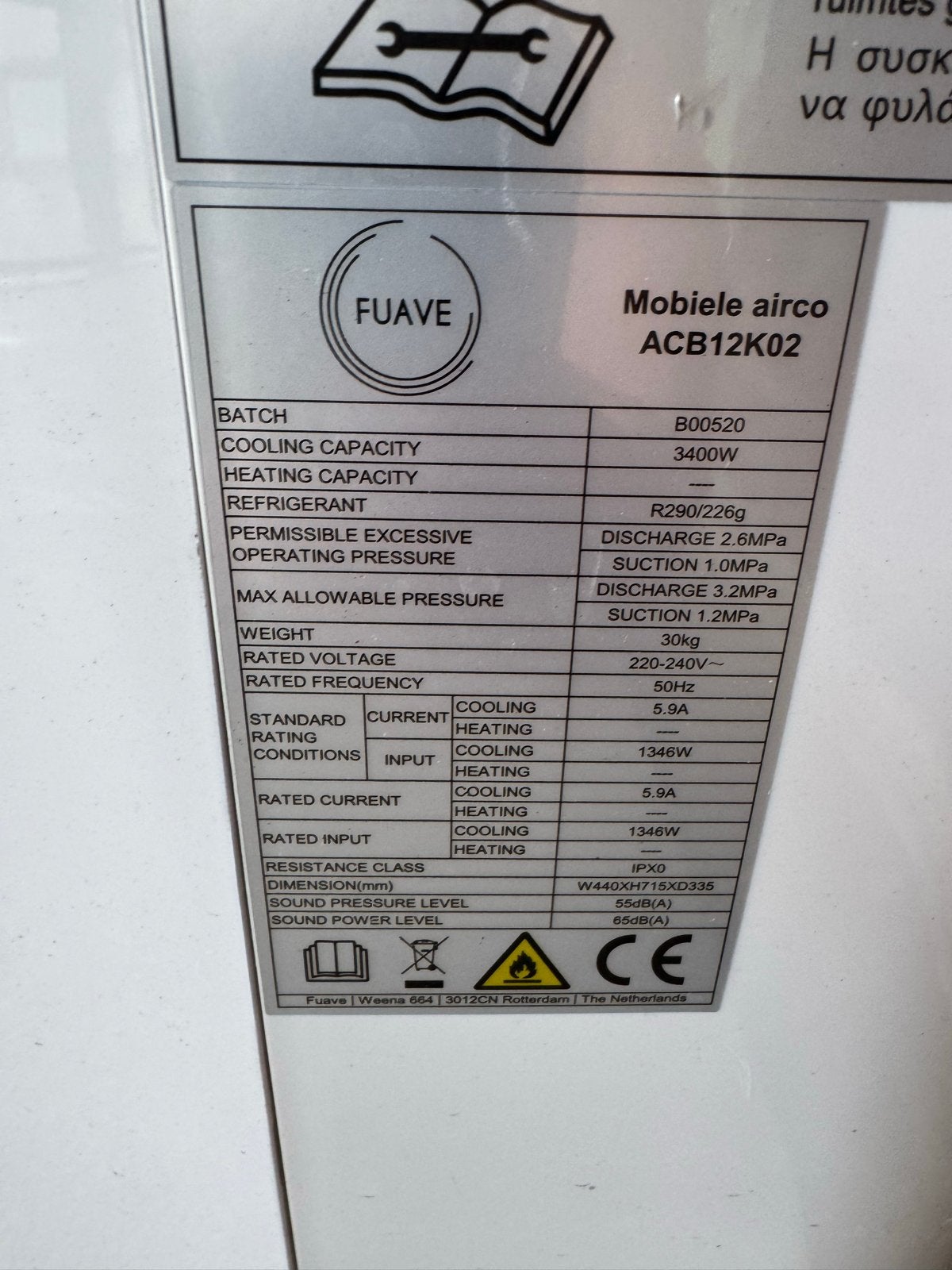Mobiele airco FUAVE ACB12K02 - Moet gereinigd worden, Gebruikt, Minder dan 60 m³, 3 snelheden of meer, Ophalen of Verzenden